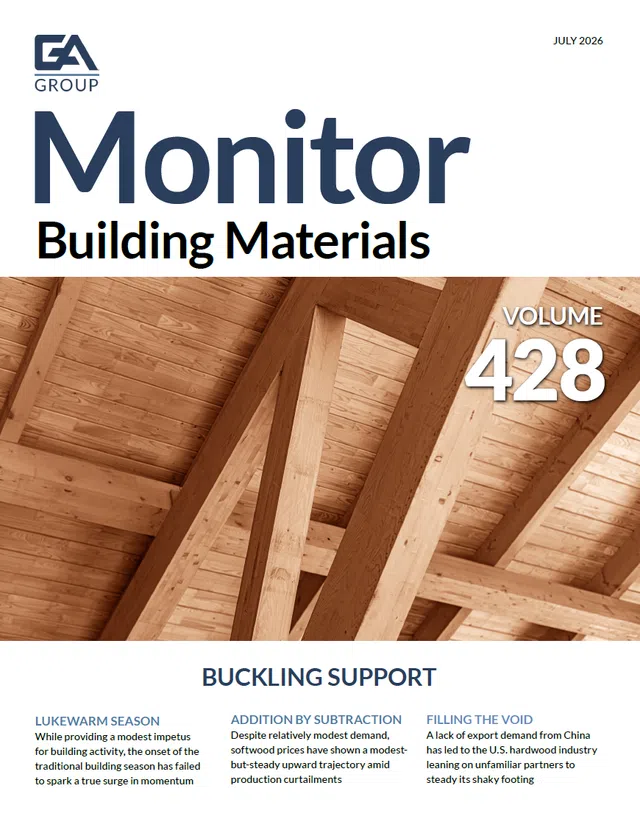 Cover of GA Group Monitor Building Materials July 2026 with detailed wooden beams structure and volume 428 text