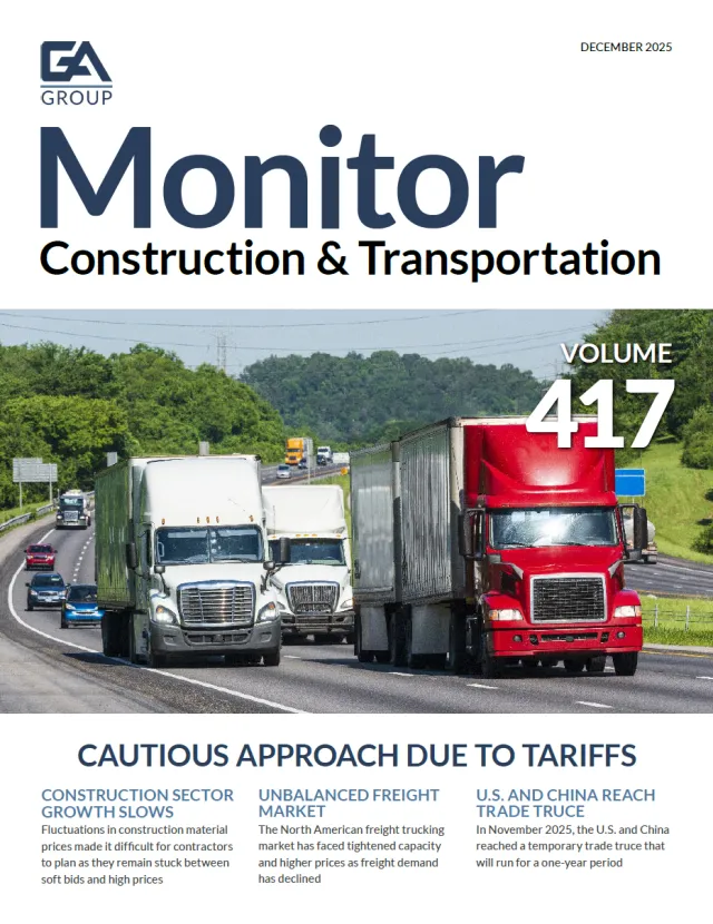 Business magazine cover with trucks on highway discussing construction and transportation trends in 2025.