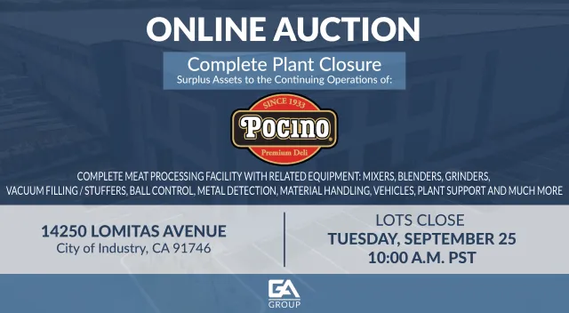 Online auction announcement for complete plant closure of Pocino Premium Deli with equipment and location details.