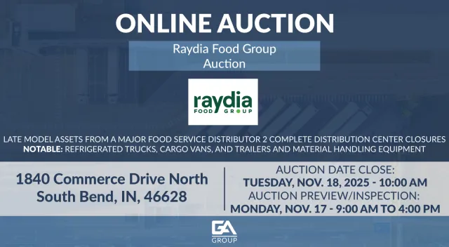 Online auction announcement for Raydia Food Group with location, dates, and asset details in South Bend, Indiana.