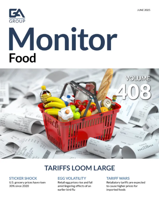 Red grocery basket filled with various foods surrounded by scattered receipts illustrating rising food prices and tariffs.