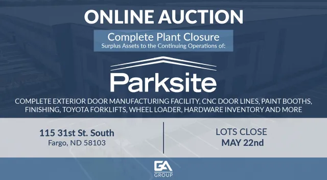 Online auction for Parksite plant closure including manufacturing equipment and inventory ending May 22 in Fargo ND.