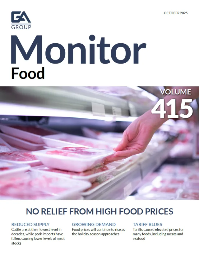 Hand reaching for packaged meat in a supermarket refrigerated display with food price headlines.