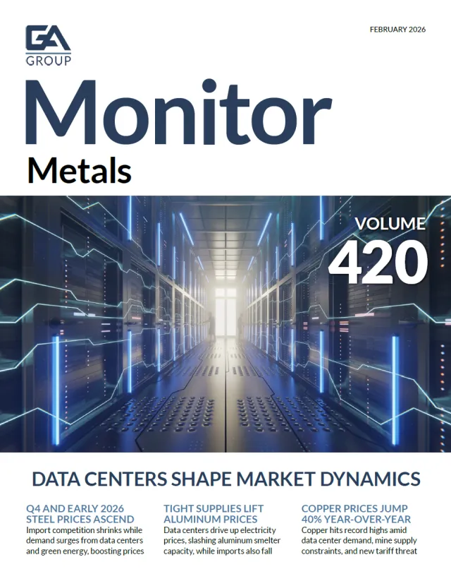 Cover of Monitor Metals report volume 420 with futuristic data center corridor and market headlines.