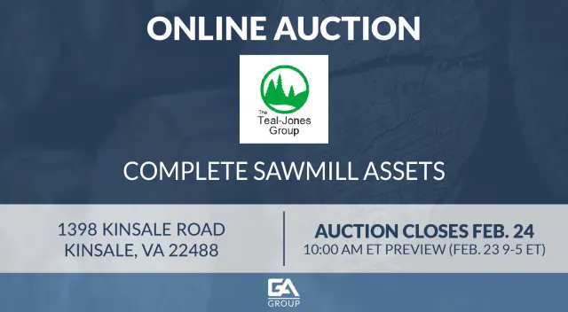 Online auction for complete sawmill assets at 1398 Kinsale Road with closing date and preview details.