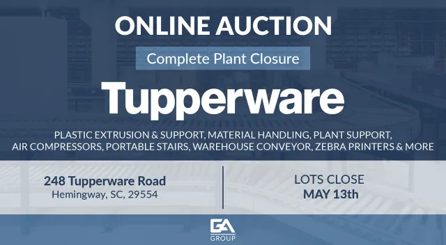 Online auction announcement for Tupperware plant closure with equipment details and closing date May 13th.