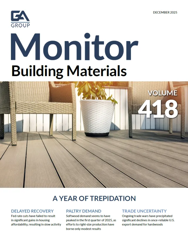 Cover of GA Group Monitor Building Materials Volume 418 with outdoor deck, wicker chairs, and plant pot.