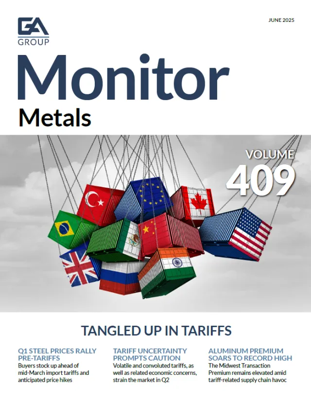 Shipping containers with global flags tangled by cables illustrate metal tariffs and trade challenges for June 2025 report.