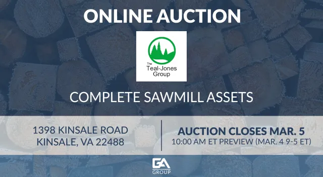 Online auction for complete sawmill assets at 1398 Kinsale Road with closing date and preview details.