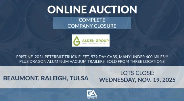 Online auction announcement for Alden Group company closure with Peterbilt trucks and trailers, closing Nov 19, 2025.