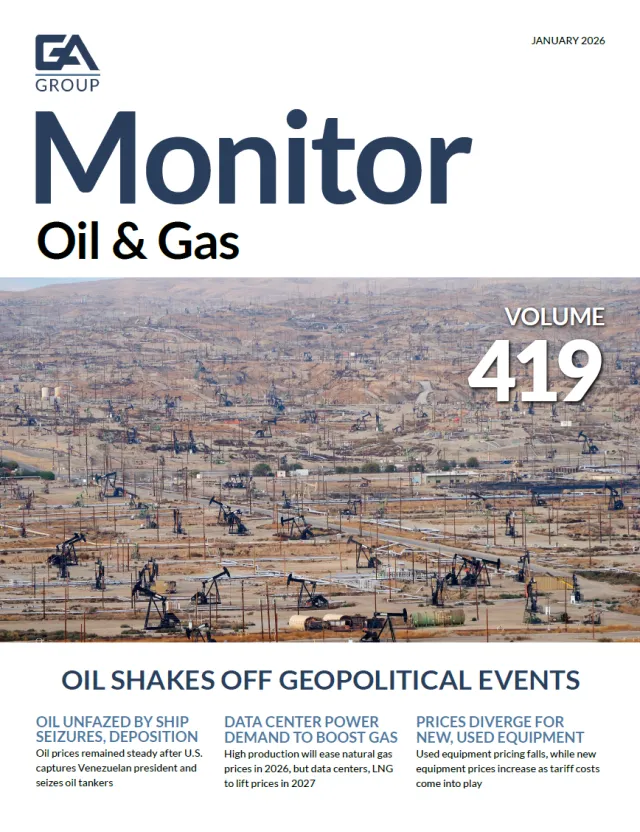Cover of GA Group Monitor Oil & Gas January 2026 issue featuring extensive oil pumpjacks in a desert field.
