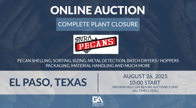 Online auction for complete pecan processing plant closure in El Paso Texas on August 26, 2025, featuring sorting and packaging equipment.