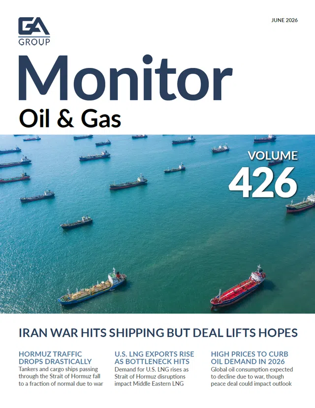 Aerial view of multiple oil tankers in calm ocean waters below the Monitor Oil & Gas June 2026 cover.