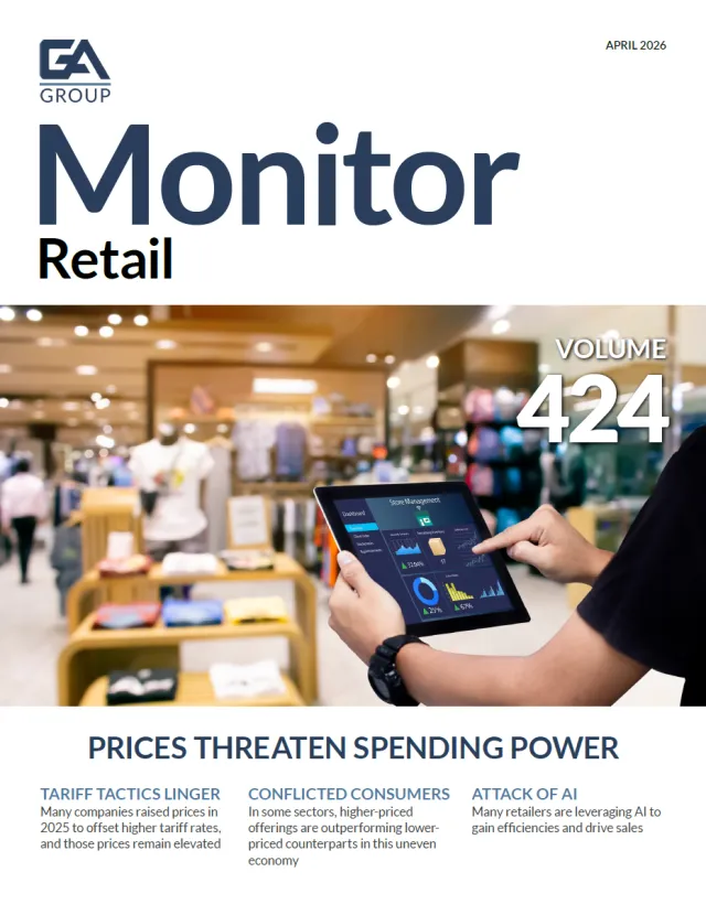 Person using tablet with store management app in busy retail clothing store environment.