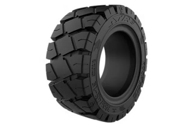 Large off-road tire with deep, rugged tread pattern designed for heavy-duty vehicles and rough terrain.