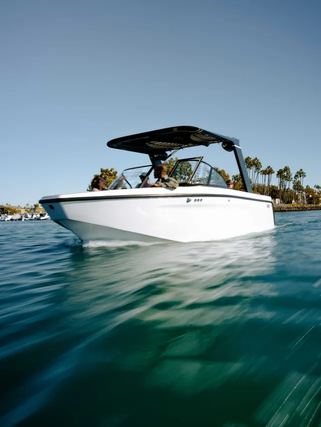 White speedboat with black canopy cruising on blue water near palm tree-lined shore under clear sky