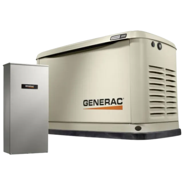 Image of a Generac generator and transfer switch system, showing sleek design and functionality.