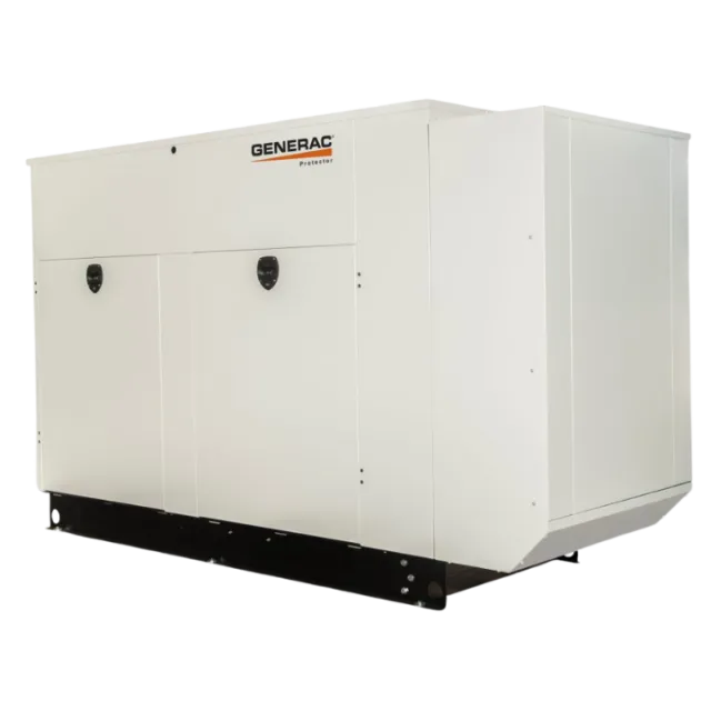 White Generac power generator with a sleek design and front access panel.