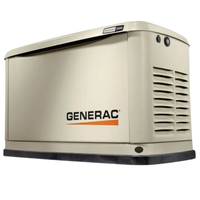 Generac standby generator with beige exterior and visible air vents for residential use.