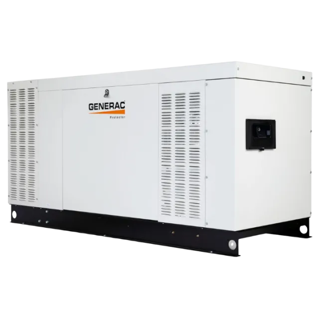 Generac backup generator in a sleek white enclosure with ventilation grilles for efficient cooling.