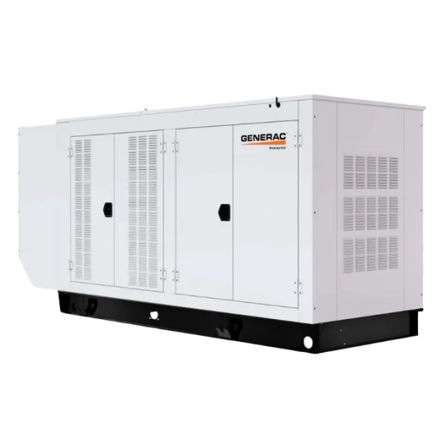 Generac power generator, featuring a large white enclosure and vents, designed for outdoor use.