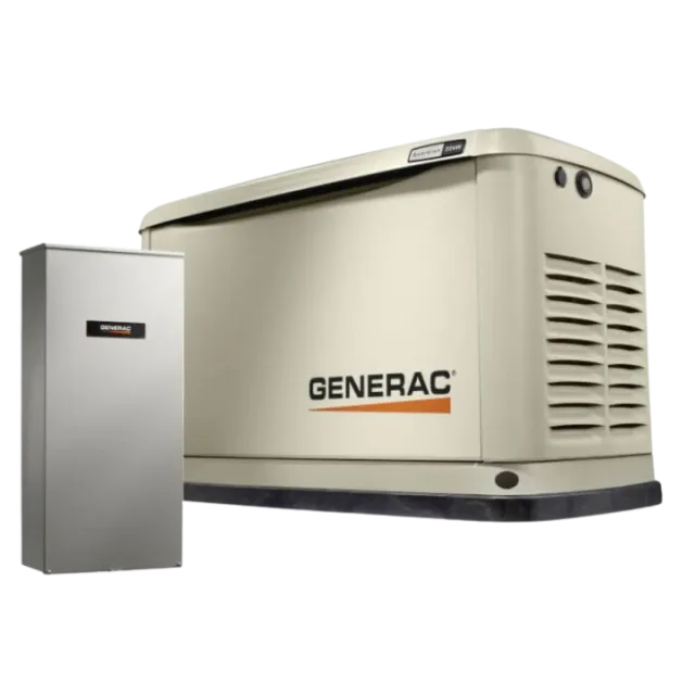 Generac home standby generator system featuring a beige generator and sleek gray transfer switch.