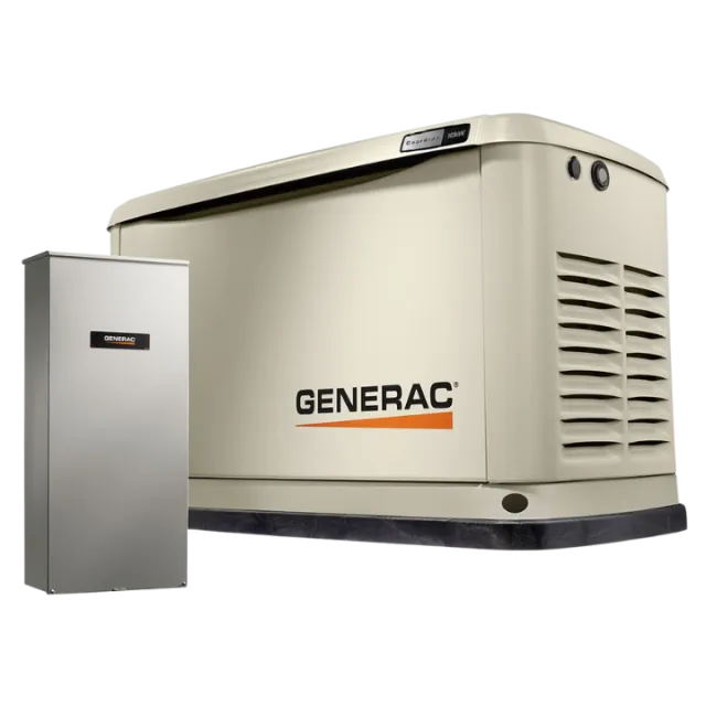 Generac home standby generator and transfer switch in a sleek design, providing reliable backup power.