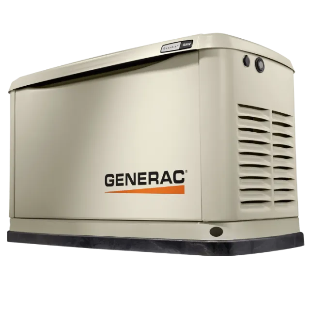 Generac home standby generator in beige color with clear branding and vents.