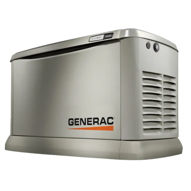 Generac home standby generator, compact design with sleek silver finish and brand logo prominently displayed.