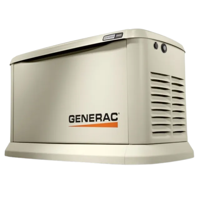 A beige Generac home standby generator with a sleek design and air vents, ready for power backup.