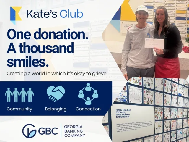 Two women holding a donation check for Kate's Club promoting community, belonging, and connection through grief support.