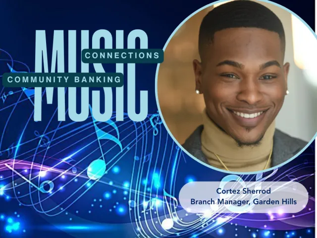 Portrait of Cortez Sherrod, Branch Manager, with music-themed background highlighting community banking connections.