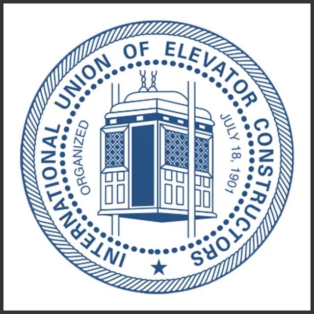 Blue and white seal of the International Union of Elevator Constructors featuring a detailed elevator car illustration.