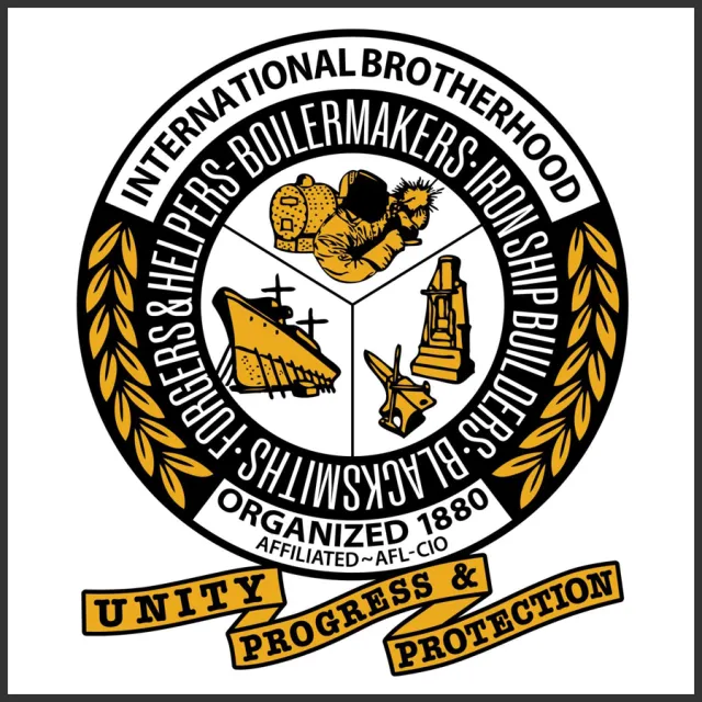 International Brotherhood emblem featuring welder, ship, anvil, and industrial tools with unity, progress, protection banner.