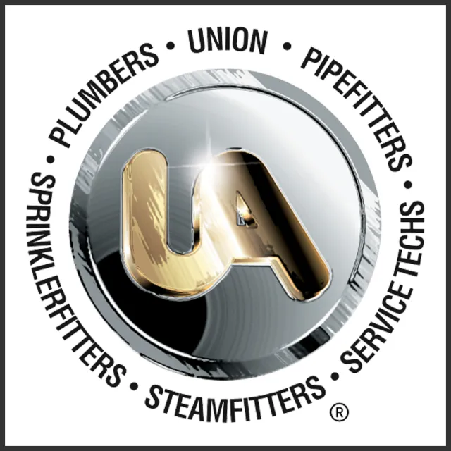 Metallic logo with gold letters UA surrounded by text for plumbers, union, pipefitters, sprinklerfitters, steamfitters, service techs.