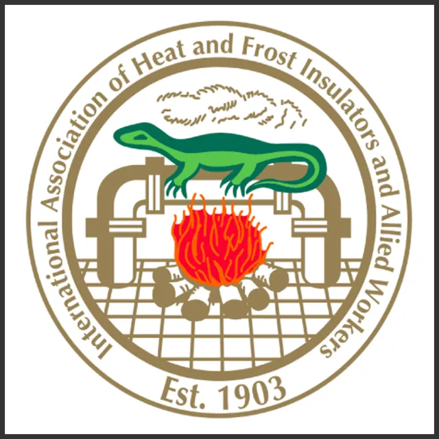 Logo of the International Association of Heat and Frost Insulators featuring a green lizard and flames over pipes and grid