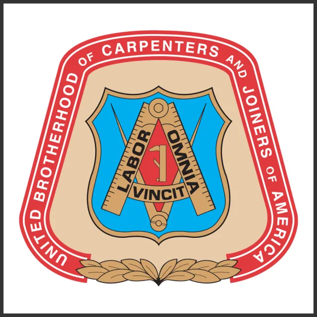 United Brotherhood of Carpenters and Joiners of America emblem with blue shield, red triangle, and tools.