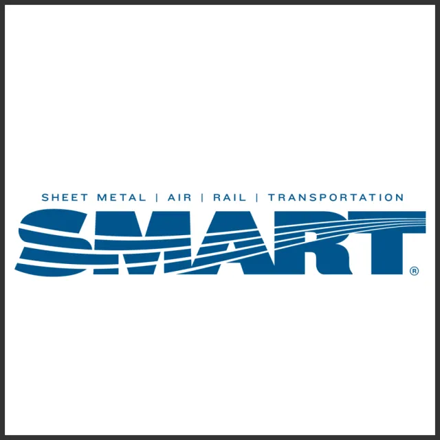 SMART logo with text emphasizing sheet metal, air, rail, and transportation industries in blue on white background.