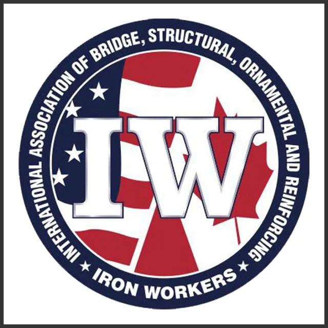 IW logo with American flag and Canadian maple leaf patterns for Iron Workers union and bridge association