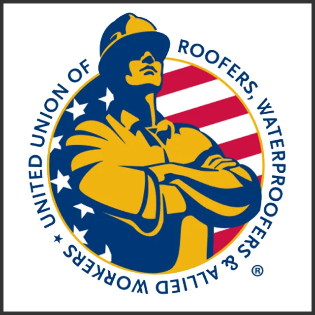 Logo of United Union of Roofers, Waterproofers, and Allied Workers featuring a worker with crossed arms against an American flag background.