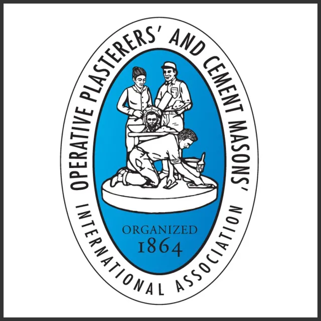 Logo of Operative Plasterers' and Cement Masons' International Association with workers and blue background.