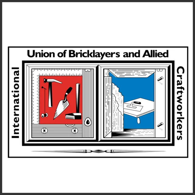 Logo of Union of Bricklayers and Allied Craftworkers featuring masonry tools and a trowel on red and blue backgrounds.