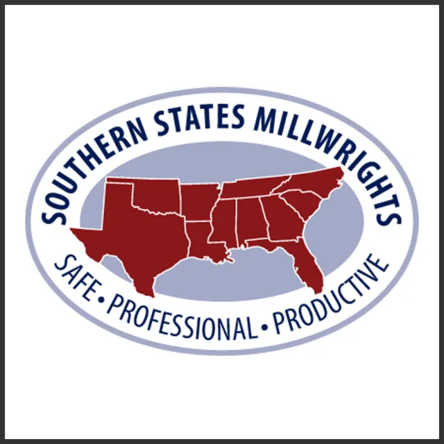 Logo of Southern States Millwrights with a red map of southern US states inside an oval and safety and professionalism text.