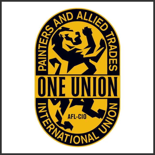 Yellow and black logo of Painters and Allied Trades International Union with bold text and stylized lion graphic.