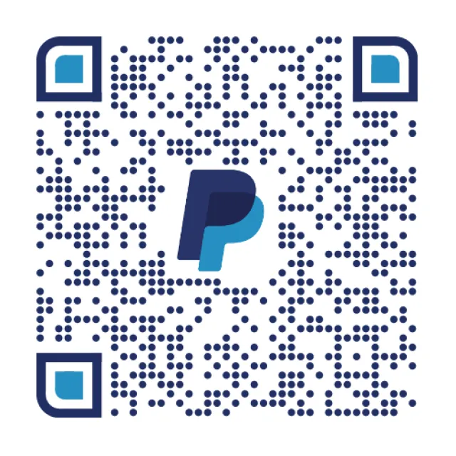 Blue and navy PayPal QR code with central PayPal logo on white background for digital payments.