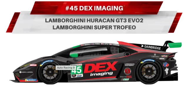 Side view of Lamborghini Huracan GT3 EVO2 race car with DEX Imaging livery and #45 racing number.