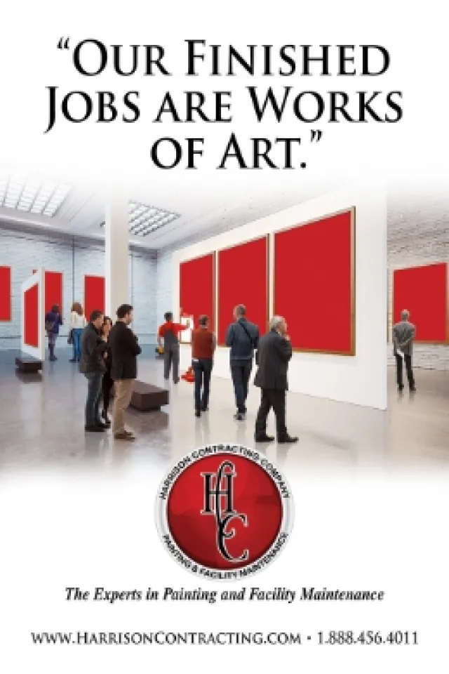 People viewing red paintings in a gallery with text promoting expert painting and facility maintenance services.