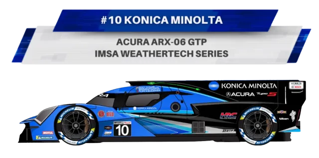 Side view of Acura ARX-06 GTP race car #10 by Konica Minolta in IMSA WeatherTech Series with blue and black livery.