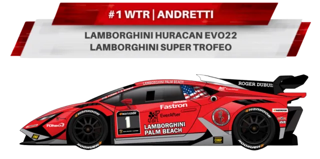Red Lamborghini Huracan EVO22 race car with branding for Lamborghini Palm Beach and racing sponsors, side profile view.