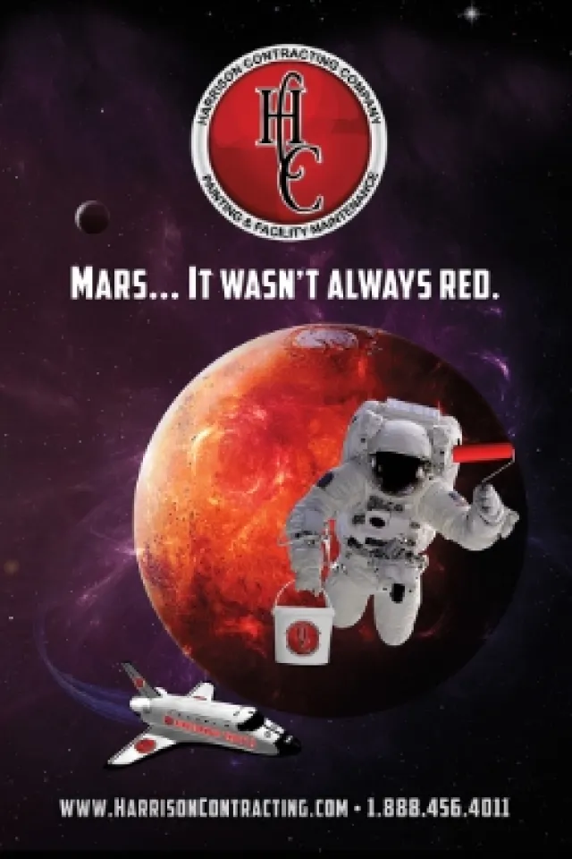 Astronaut painting Mars red with a brush, space shuttle below, Harrison Contracting logo and website display.